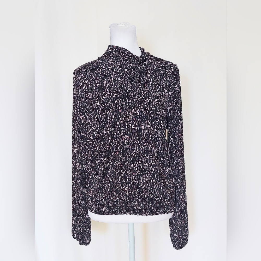 Allison Joy High Gathered Neck Top Blouse Printed Black Pink Size Small